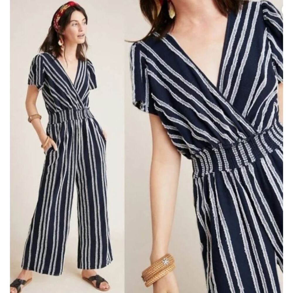 EUC Anthropologie Dolan Canovas Striped Cotton Blend Wide Leg Jumpsuit Navy S